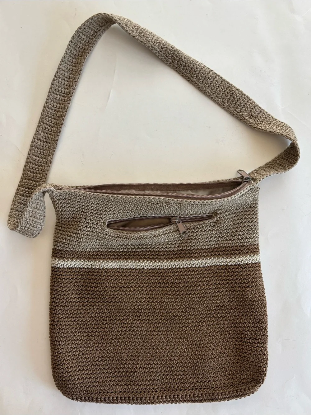 Hobo Bag - Brn/Tan/Beige Crochet Crossbody Bag. Interior/Exterior Zip Pockets.